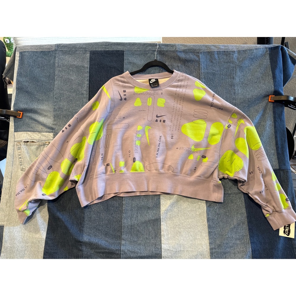 Nike Air Womens Cropped Sweatshirt Mauve Neon Lime Green‎ Graphic Crewneck Large